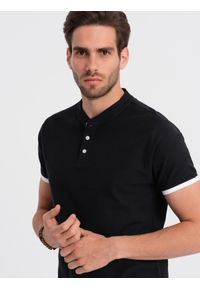 Ombre Clothing - Męska koszulka polo bez kołnierzyka - czarna V8. Typ kołnierza: polo, bez kołnierzyka. Kolor: czarny. Materiał: bawełna. Długość: długie