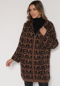 Born2be - Brązowo-Czarny Rozpinany Kardigan z Kapturem z Motywem Liter Belletusa. Okazja: na co dzień. Typ kołnierza: kaptur. Kolor: brązowy. Materiał: jeans. Styl: casual #4