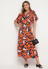 Born2be - Pomarańczowa Sukienka z Bawełną i Bufiastymi Rękawami w Kwiaty Lunedita. Okazja: na co dzień. Kolor: pomarańczowy. Materiał: bawełna. Wzór: kwiaty. Styl: casual, elegancki #7