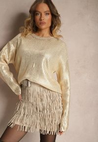 Renee - Złoty Metaliczny Sweter z Długim Rękawem Vivalei. Kolor: złoty. Materiał: dzianina. Długość rękawa: długi rękaw. Długość: długie. Styl: klasyczny