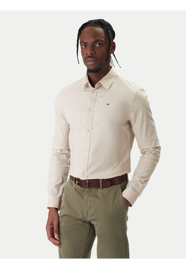 Tommy Jeans Koszula Original DM0DM04405 Beżowy Slim Fit. Kolor: beżowy. Materiał: bawełna