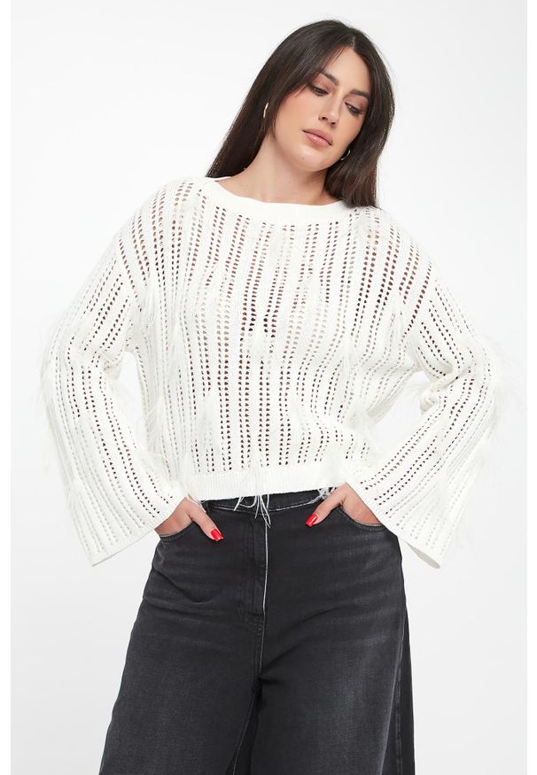 Twinset Milano - Sweter damski ażurowy z piórkami TWINSET. Wzór: ażurowy