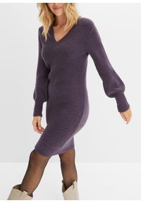 bonprix - Sukienka dzianinowa. Typ kołnierza: dekolt w serek. Kolor: fioletowy. Materiał: dzianina #2