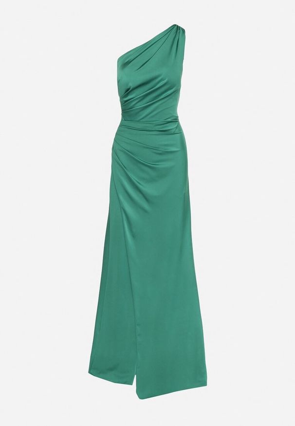 Born2be - Zielona Sukienka na Jedno Ramię z Marszczeniem i Rozcięciem Talirisa. Okazja: na wesele, na imprezę, na ślub cywilny. Kolor: zielony. Typ sukienki: asymetryczne. Styl: elegancki, klasyczny