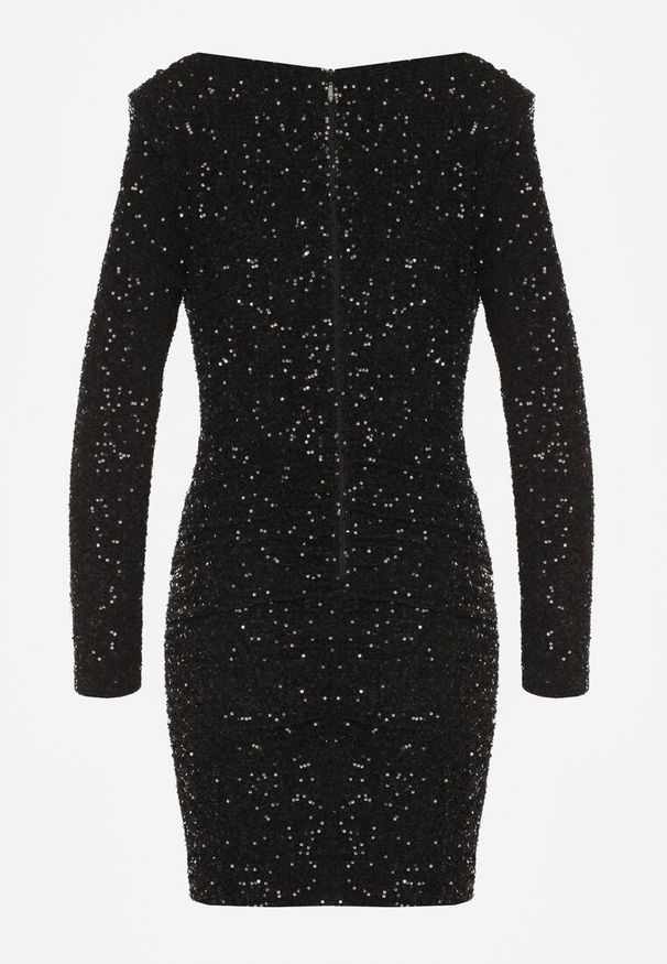 Born2be - Czarna Dopasowana Sukienka Wieczorowa z Lejącym Dekoltem i Cekinami Siwedea. Okazja: na wesele, na ślub cywilny. Kolor: czarny. Materiał: poliester. Długość rękawa: długi rękaw. Wzór: aplikacja. Styl: wizytowy