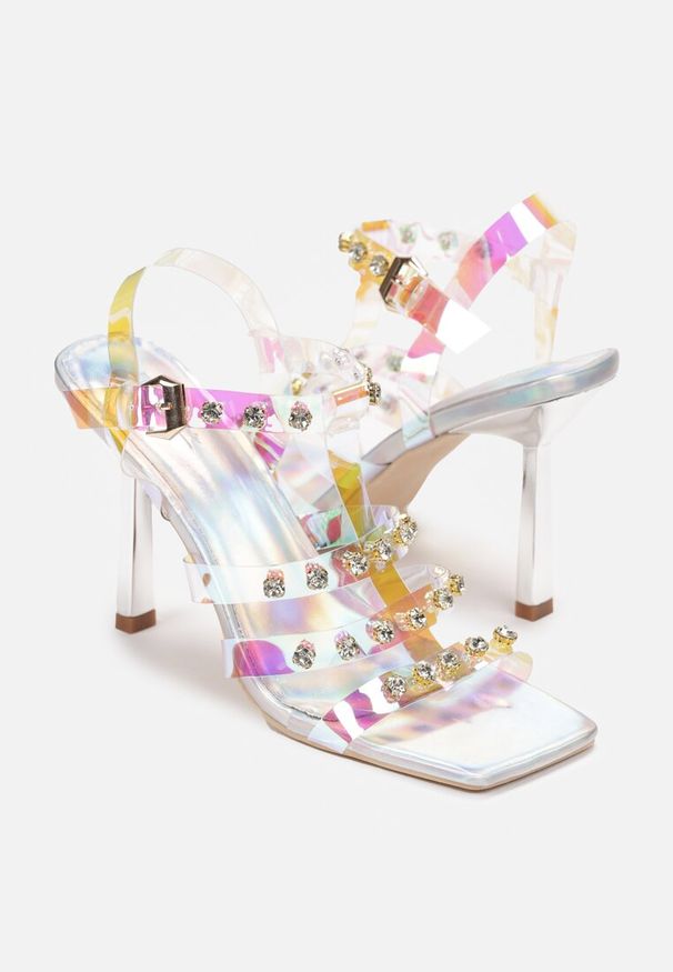 Born2be - Srebrne Sandały na Szpilce z Transparentnymi Paskami i Cyrkoniami Brixten. Nosek buta: otwarty. Zapięcie: pasek. Kolor: srebrny. Wzór: paski, aplikacja, geometria. Obcas: na szpilce