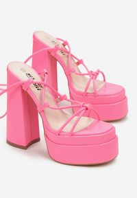 Renee - Różowe Wiązane Sandały na Stożkowym Słupku i Platformie Lavendari. Kolor: różowy. Wzór: jednolity. Obcas: na platformie #4