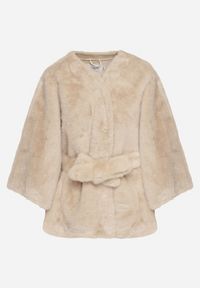 Born2be - Beżowe Ponczo z Futerkiem i Wiązanym Paskiem Monalena. Okazja: na co dzień, na spotkanie biznesowe, do pracy. Kolor: beżowy. Materiał: futro. Styl: casual, biznesowy, elegancki #3