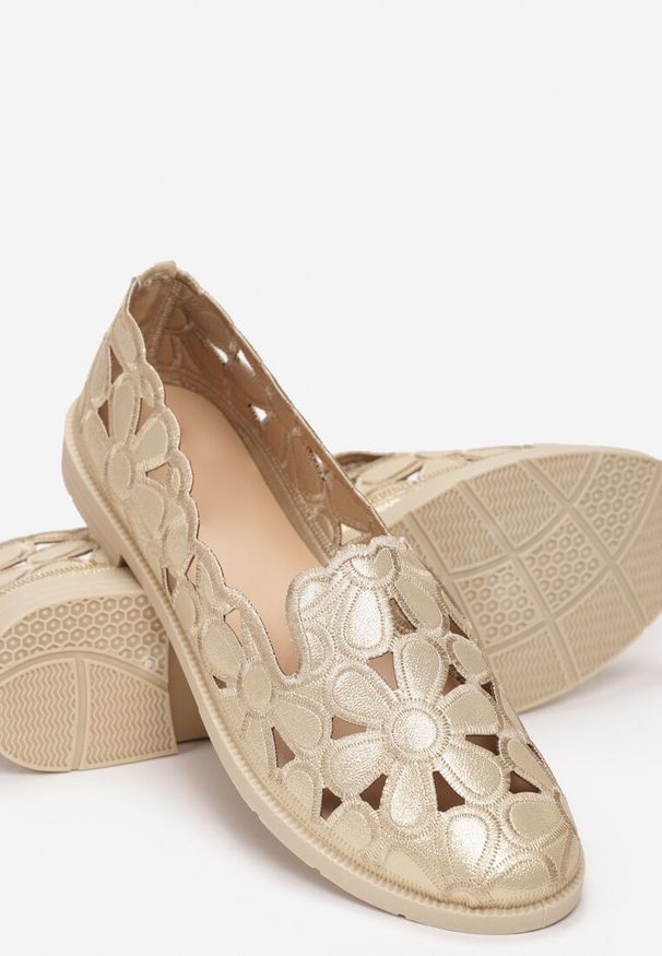 Renee - Złote Balerinki Acanophe. Wysokość cholewki: przed kostkę. Nosek buta: okrągły. Kolor: złoty. Szerokość cholewki: normalna. Wzór: ażurowy. Obcas: na obcasie. Wysokość obcasa: niski