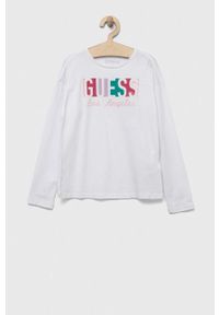 Guess longsleeve dziecięcy kolor biały. Kolor: biały. Materiał: bawełna, dzianina. Długość rękawa: długi rękaw. Wzór: nadruk. Styl: klasyczny #1