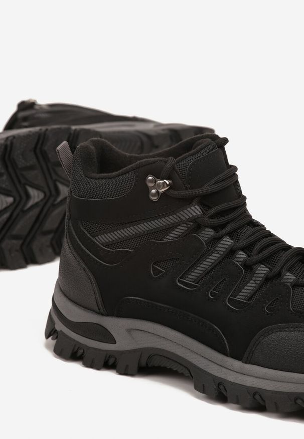 Born2be - Czarne Sznurowane Buty Trekkingowe Traperki Vices na Grubej Podeszwie Afertie. Kolor: czarny. Materiał: jeans. Styl: sportowy