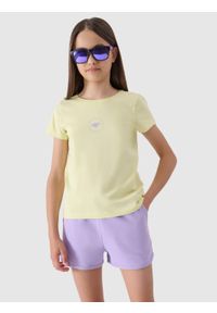 4F JUNIOR - T-shirt z bawełny organicznej gładki dziewczęcy - limonka. Okazja: na co dzień. Kolor: żółty. Materiał: bawełna. Wzór: gładki. Sezon: lato. Styl: casual, sportowy