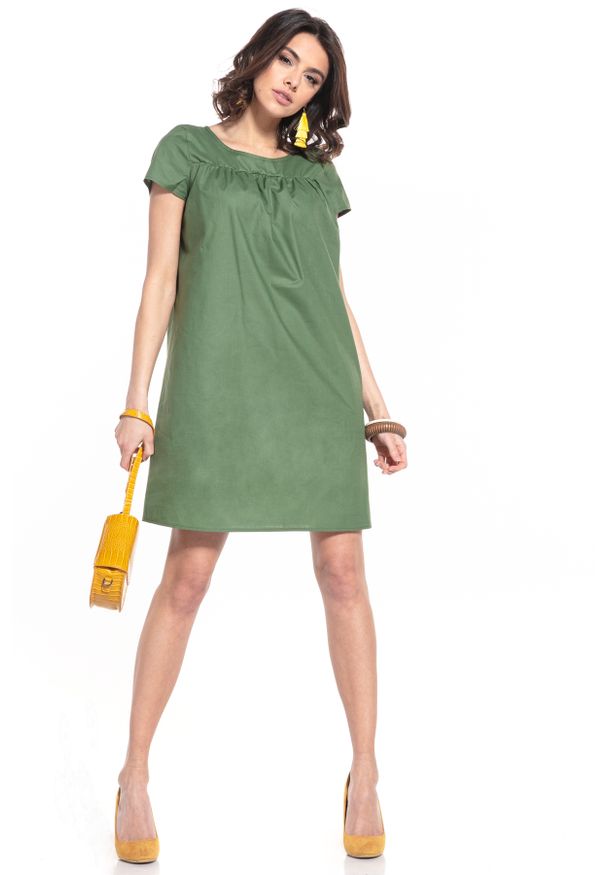 Tessita - Luźna Sukienka z Krótkim Rękawem - Zielona. Kolor: zielony. Materiał: bawełna. Długość rękawa: krótki rękaw