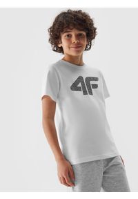 4f - T-shirt z nadrukiem chłopięcy - biały. Okazja: na co dzień. Kolor: biały. Materiał: jersey, dzianina, bawełna. Długość rękawa: krótki rękaw. Długość: krótkie. Wzór: nadruk. Sezon: lato. Styl: sportowy, casual