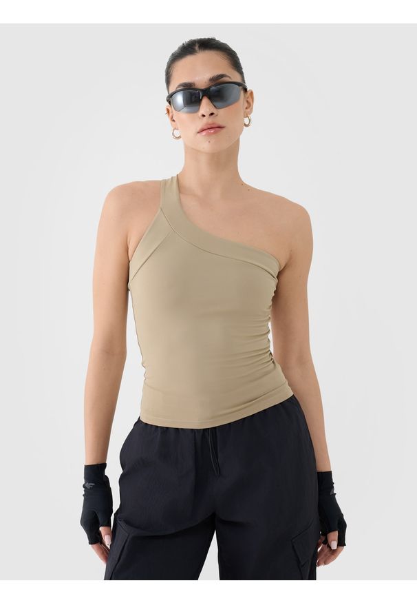 4f - 4F Crop-top slim z asymetrycznym ramiączkiem damski - beżowy S. Kolor: beżowy. Materiał: dzianina, elastan, włókno, syntetyk, materiał. Długość rękawa: na ramiączkach. Wzór: gładki, jednolity, ze splotem