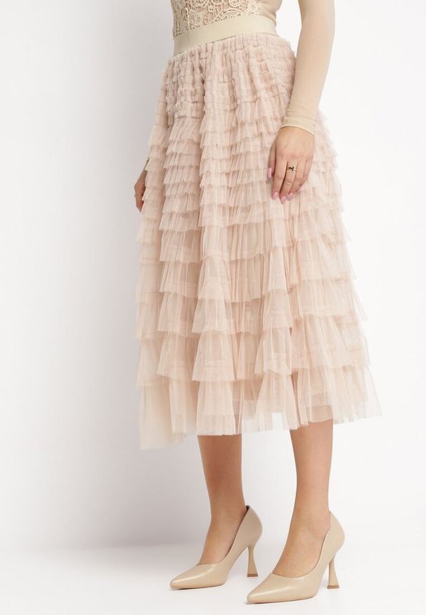Born2be - Beżowa Rozkloszowana Spódnica Maxi z Falbankami z Tiulu Davena. Kolor: beżowy. Materiał: tiul. Wzór: aplikacja