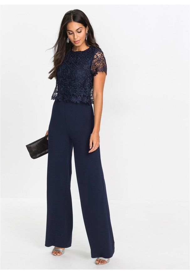 bonprix - Kombinezon z miękkiej dzianiny scuba z koronką. Kolor: niebieski. Materiał: dzianina, koronka. Długość rękawa: krótki rękaw. Długość: krótkie. Wzór: koronka