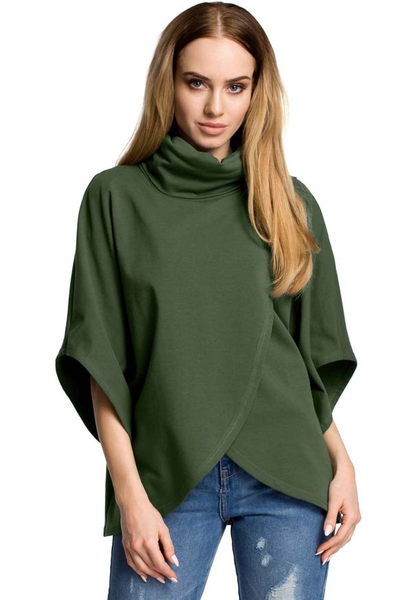 MOE - Zielona Oversizowa Bluzka Kopertowa z Golfem. Typ kołnierza: golf. Kolor: zielony. Materiał: bawełna, elastan
