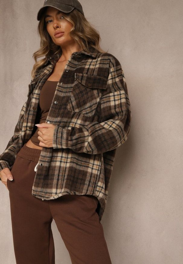 Renee - Brązowa Koszulowa Kurtka w Kratę Emitila. Okazja: na co dzień. Kolor: brązowy. Materiał: jeans. Styl: casual