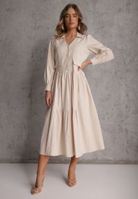 Renee - Beżowa Rozkloszowana Sukienka Koszulowa z Bawełny i Wiskozy Zdobiona Klapami Gleta. Okazja: na co dzień. Kolor: beżowy. Materiał: wiskoza, bawełna. Wzór: aplikacja. Typ sukienki: koszulowe. Styl: casual, elegancki #3