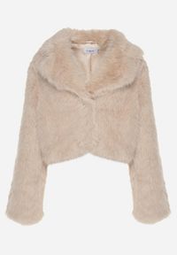 Born2be - Beżowa Futerkowa Kurtka o Krótkim Kroju z Eleganckim Kołnierzem Tazamisa. Okazja: na co dzień. Kolor: beżowy. Materiał: jeans. Długość: krótkie. Styl: elegancki #3