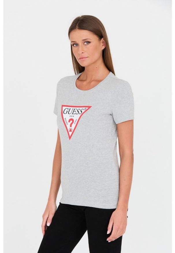 Guess - GUESS Szary damski t-shirt bawełniany Original Tee, Rozmiar XL. Kolor: szary. Materiał: bawełna