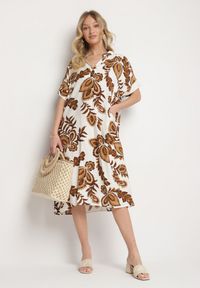 Born2be - Brązowa Sukienka z Wiskozą i Lnem Pudełkowa z Kieszeniami w Kwiatowy Wzór Boho Natundelia. Okazja: na co dzień. Kolor: brązowy. Materiał: len, wiskoza. Wzór: kwiaty. Styl: boho #3
