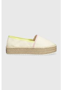 Tommy Jeans espadryle FLATFORM ESPADRILLE kolor beżowy na platformie EN0EN02078. Nosek buta: okrągły. Kolor: beżowy. Materiał: bawełna, guma. Obcas: na platformie