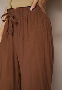 Renee - Brązowe Spodnie High Waist Szerokie z Bawełny Wiązane w Pasie z Gumką w Talii Yaslio. Okazja: na co dzień. Stan: podwyższony. Kolor: brązowy. Materiał: bawełna. Styl: casual, elegancki #2