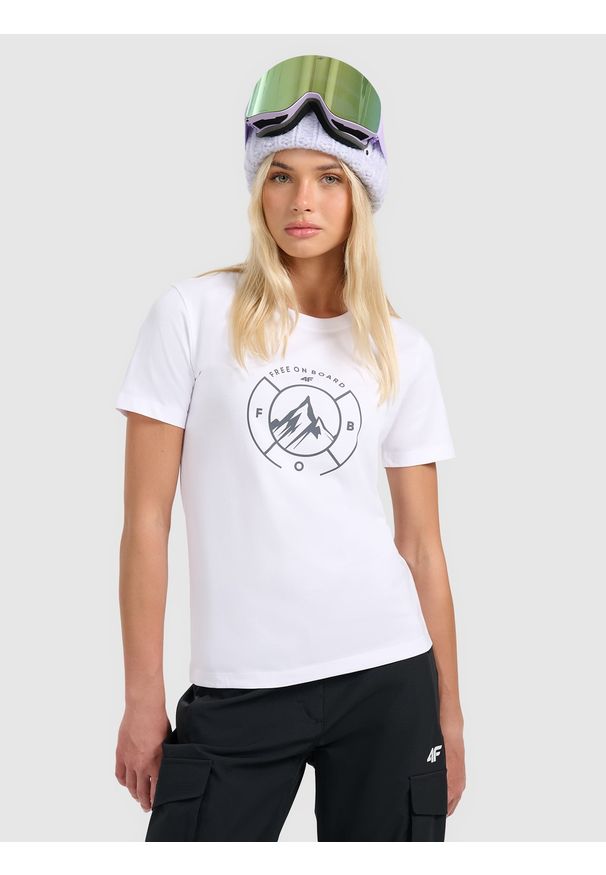 4f - 4F T-shirt regular z nadrukiem damski - biały L. Okazja: na co dzień. Kolor: biały. Materiał: bawełna, dzianina. Długość rękawa: krótki rękaw. Długość: krótkie. Wzór: nadruk. Styl: casual