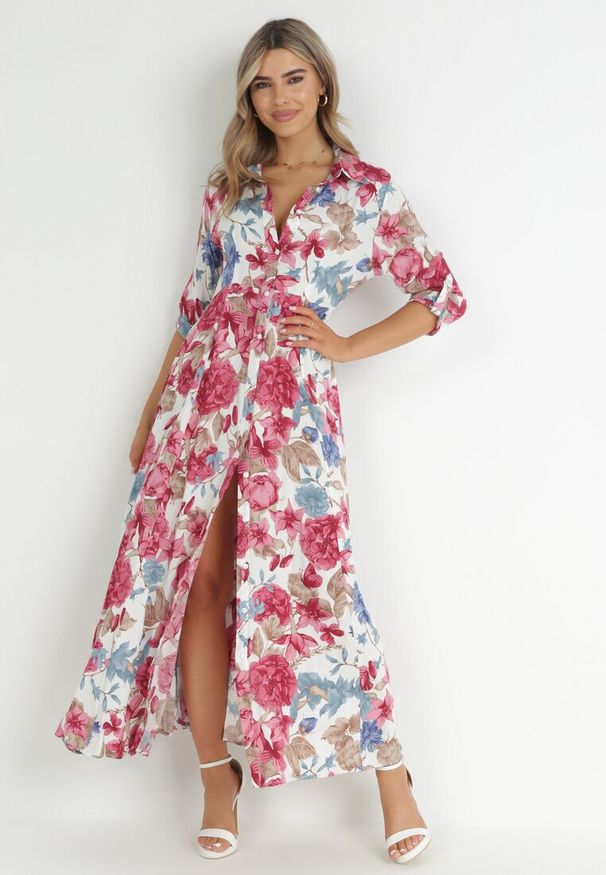 Born2be - Biała Sukienka Koszulowa z Rozcięciem w Kwiaty Vethere. Kolor: biały. Długość rękawa: długi rękaw. Wzór: kwiaty. Typ sukienki: koszulowe. Styl: elegancki. Długość: maxi