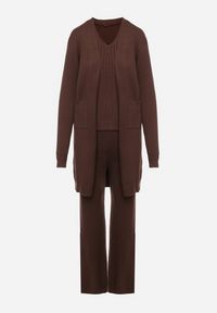 Born2be - Brązowy Komplet Dzianinowy z Bawełną Spodnie Kamizelka i Długi Kardigan Meviravia. Kolor: brązowy. Materiał: bawełna, dzianina #7