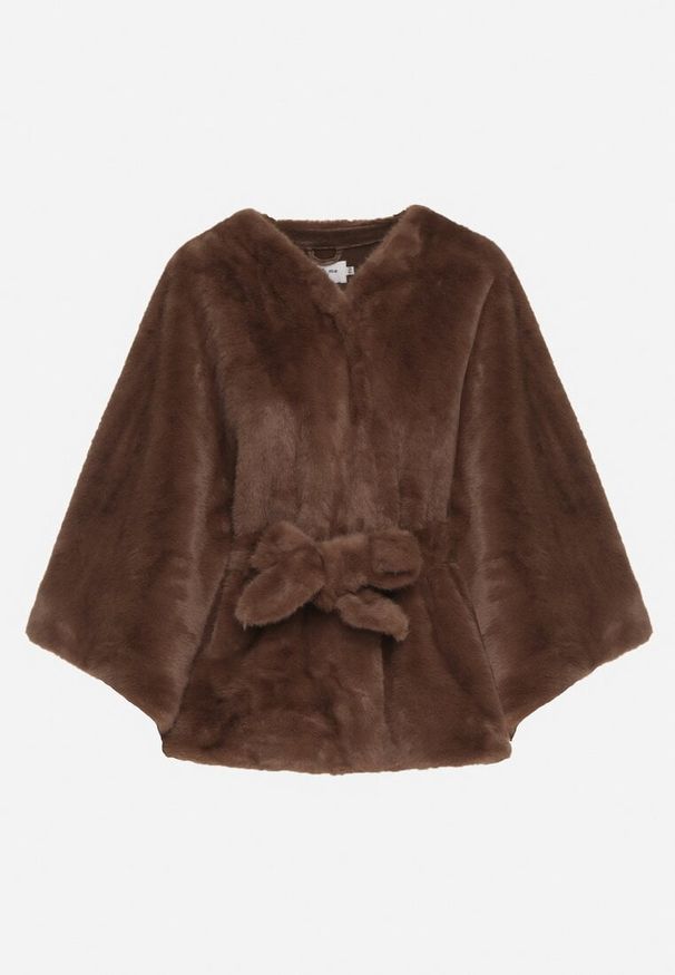 Born2be - Brązowe Ponczo z Futerkiem i Wiązanym Paskiem Monalena. Okazja: na co dzień, na spotkanie biznesowe, do pracy. Kolor: brązowy. Materiał: futro. Styl: casual, biznesowy, elegancki
