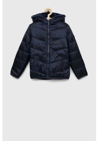 Abercrombie & Fitch kurtka dwustronna dziecięca kolor niebieski. Okazja: na co dzień. Typ kołnierza: kaptur. Kolor: niebieski. Materiał: poliester. Styl: casual