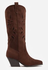 Renee - Brązowe Ażurowe Kozaki Kowbojki na Obcasie typu Stożek Tidrina. Kolor: brązowy. Materiał: zamsz. Wzór: ażurowy. Obcas: na obcasie. Styl: elegancki. Wysokość obcasa: średni #4
