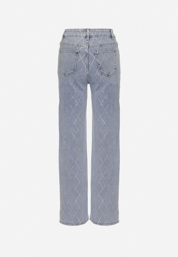 Born2be - Niebieskie Jeansy z Bawełną Szerokie z Cyrkoniami Iskio. Okazja: na co dzień. Kolor: niebieski. Wzór: aplikacja. Styl: casual, elegancki