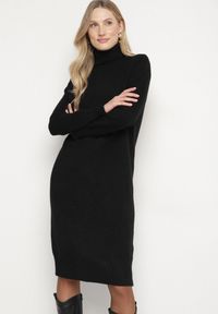 Born2be - Czarna Dzianinowa Sukienka z Bawełną o Prostym Kroju z Golfem Tesala. Okazja: do pracy, na spotkanie biznesowe. Typ kołnierza: golf. Kolor: czarny. Materiał: dzianina, bawełna. Wzór: jednolity. Typ sukienki: proste. Styl: klasyczny, biznesowy