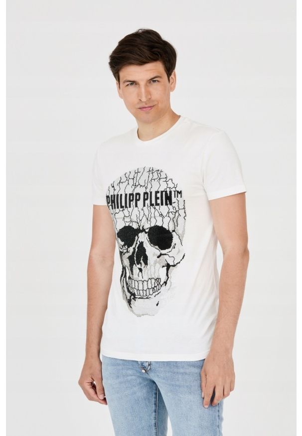 Philipp Plein - PHILIPP PLEIN Męski t-shirt biały z popękaną czaszką, Rozmiar XXL. Kolor: biały
