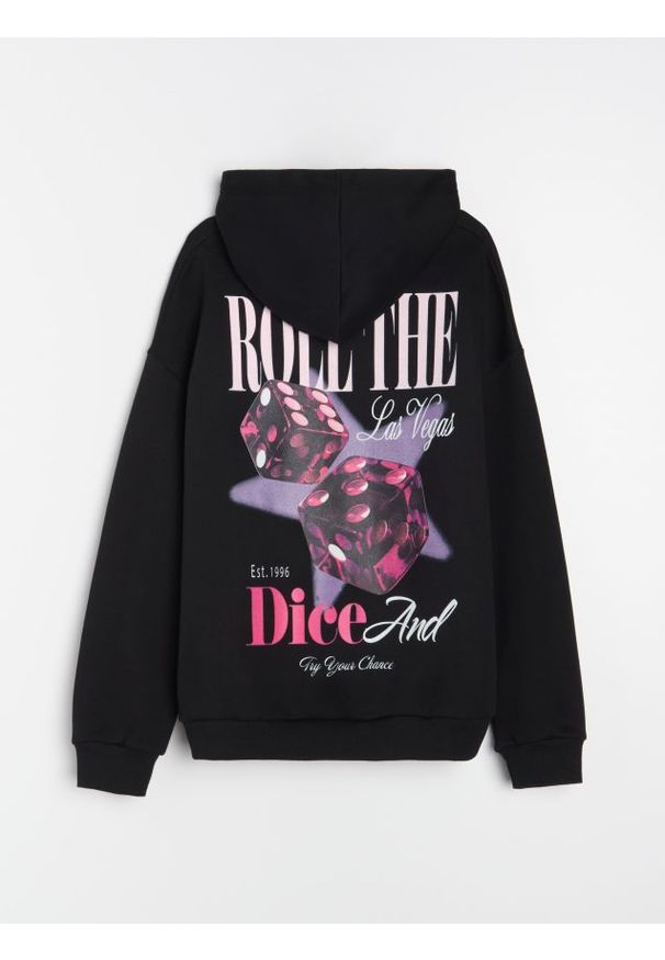 Sinsay - Bluza hoodie z nadrukiem na plecach - czarny. Kolor: czarny. Wzór: nadruk