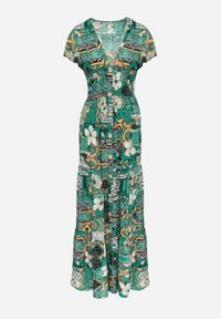 Born2be - Zielona Sukienka Maxi z Wiskozy z Gumką w Talii i Guzikami Nyllu. Kolor: zielony. Materiał: wiskoza. Wzór: aplikacja. Długość: maxi #4