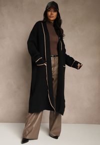 Renee - Czarny Niezapinany Kardigan o Długim Kroju z Lamówką Venisse. Okazja: na co dzień. Kolor: czarny. Materiał: jeans. Długość: długie. Styl: casual, klasyczny #2