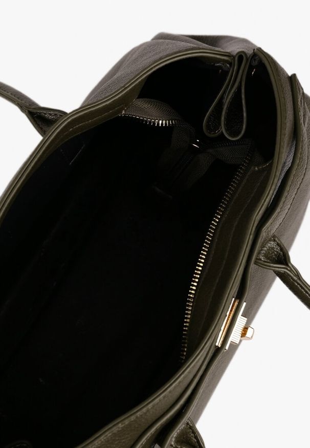 Renee - Ciemnozielona Torebka Shopper z Dwoma Rączkami Ozdobiona Paskiem z Klamrą Remisse. Kolor: zielony. Wzór: aplikacja. Styl: elegancki, casual, klasyczny. Rodzaj torebki: na ramię