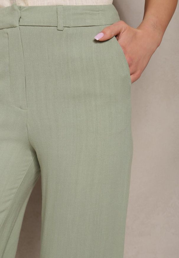 Renee - Zielone Wiskozowe Spodnie z Lnem z Szerokimi Nogawkami Lomera. Okazja: na co dzień. Kolor: zielony. Materiał: len, wiskoza. Styl: elegancki, casual