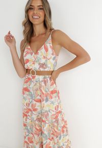 Born2be - Biało-Pomarańczowa Sukienka z Paskiem Barrett. Kolor: biały. Długość rękawa: na ramiączkach. Wzór: gładki. Sezon: lato. Typ sukienki: kopertowe. Styl: elegancki. Długość: maxi #6