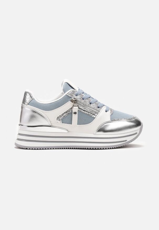 Renee - Niebieskie Brokatowe Sneakersy na Grubej Podeszwie ze Sznurowaniem i Suwakiem Irollia. Kolor: niebieski. Wzór: aplikacja