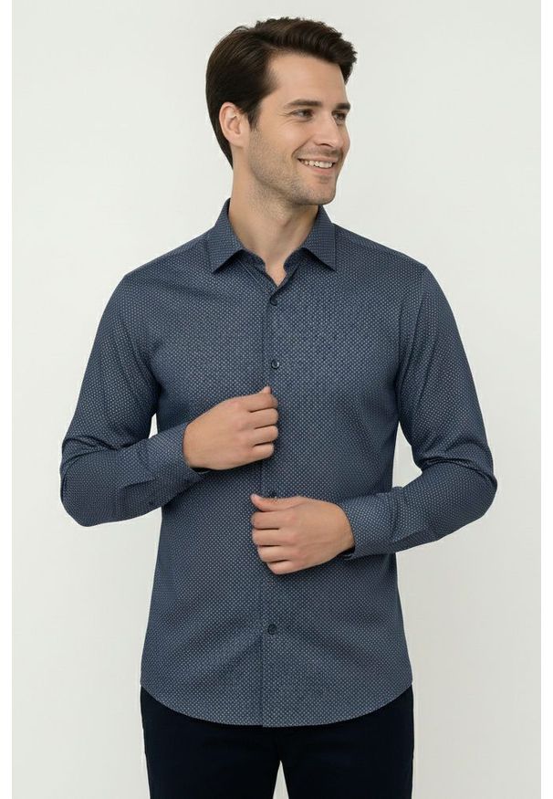Taliowana Koszula Męska - Victorio - Drobny Wzór, Granat. Kolor: niebieski. Materiał: bawełna, elastan. Styl: elegancki