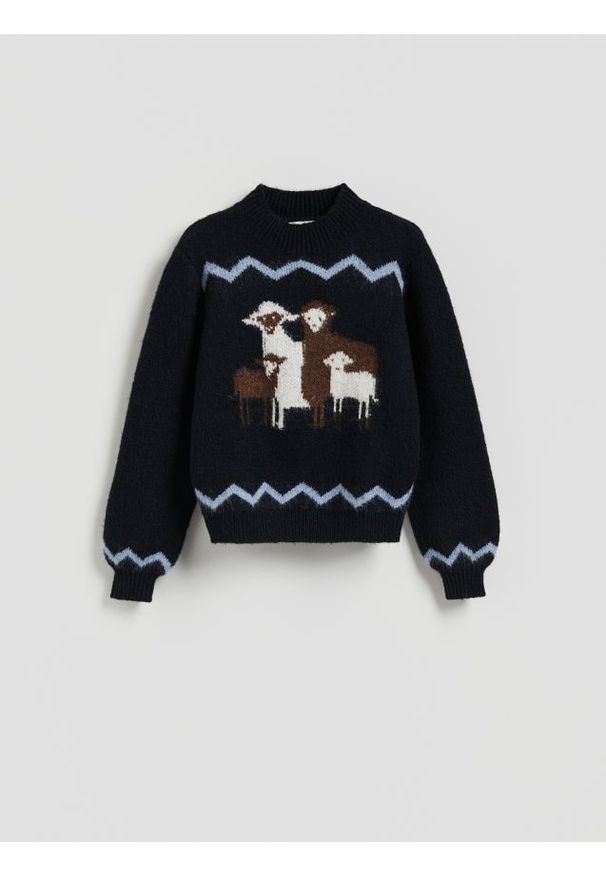 Reserved - Sweter ze wzorem - granatowy. Kolor: niebieski. Materiał: wełna, dzianina
