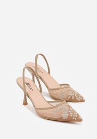 Born2be - Ciemnobeżowe Sandały na Szpilce z Koronką Caskstar. Kolor: beżowy. Materiał: koronka. Wzór: koronka. Obcas: na szpilce. Styl: elegancki, klasyczny #3
