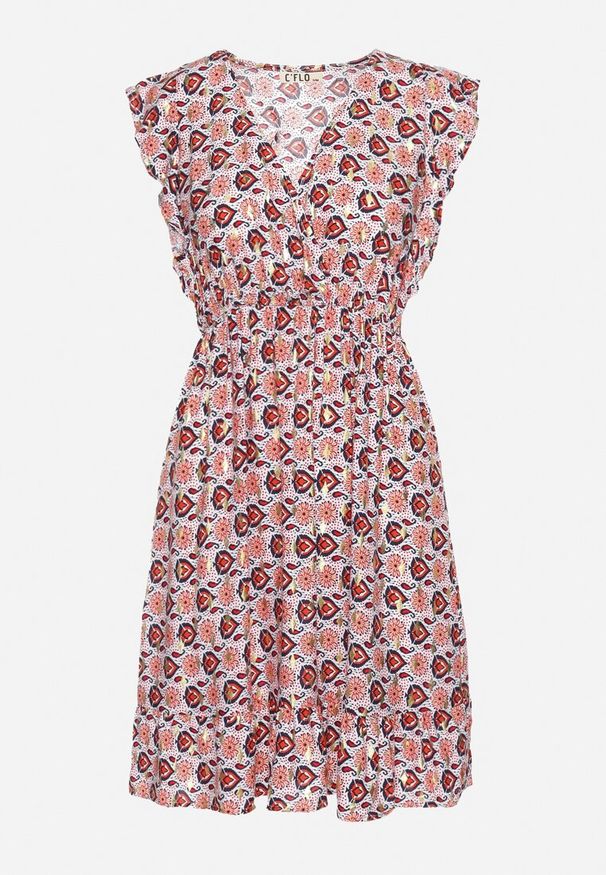 Born2be - Beżowo-Czerwona Sukienka Mini z Wiskozy w Mozaikowy Wzór z Gumką w Pasie Lariaa. Okazja: na co dzień. Typ kołnierza: dekolt w serek, kołnierz z falbankami. Kolor: beżowy. Materiał: wiskoza. Długość rękawa: na ramiączkach. Typ sukienki: rozkloszowane. Styl: casual, elegancki. Długość: mini