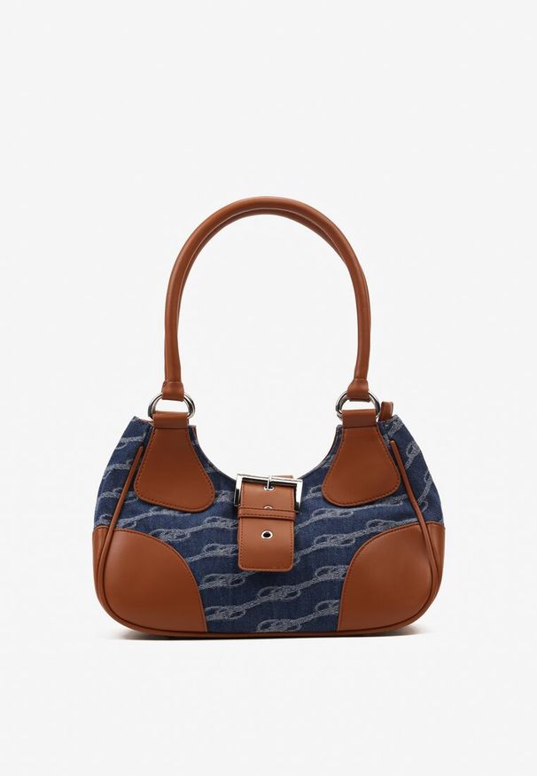 Renee - Niebieska Mała Torebka Baguette Ozdobiona Wstawką z Jeansu Qarama. Kolor: niebieski. Wzór: aplikacja. Rozmiar: małe